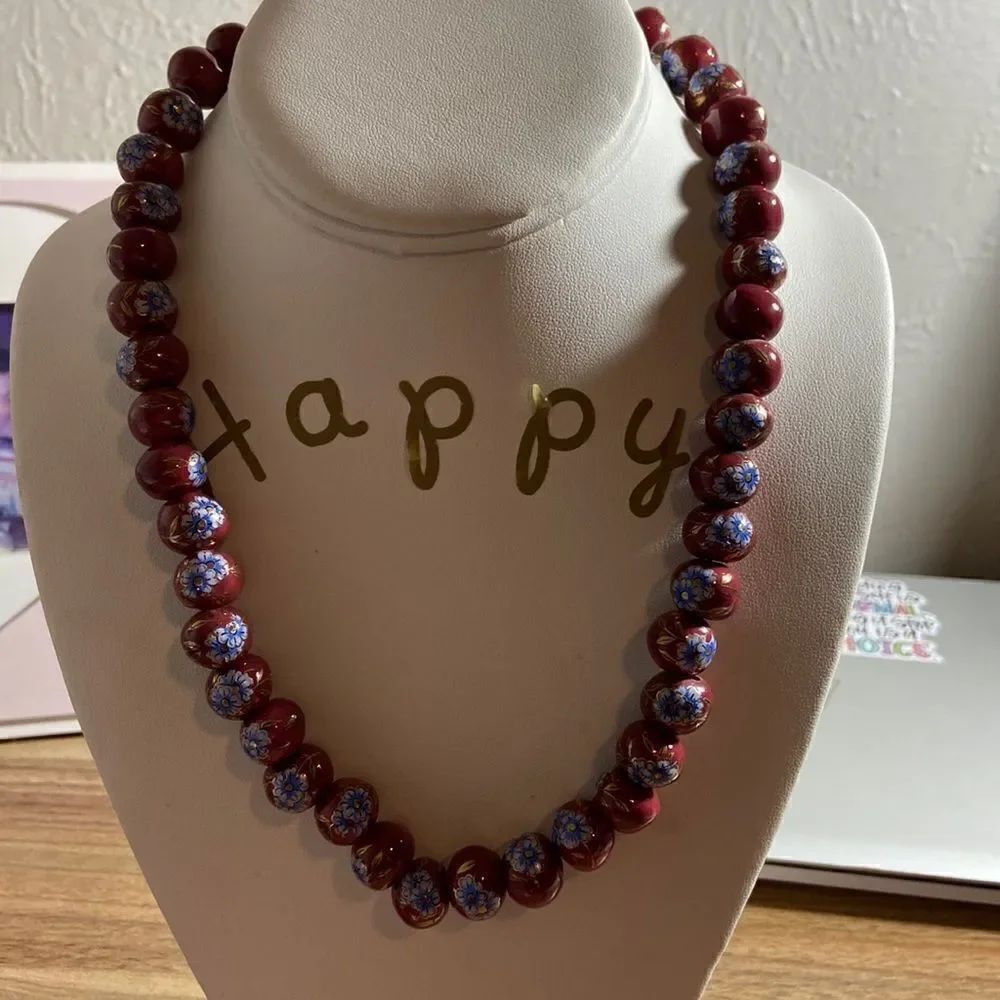 Bedded necklace painted flowers burgundy color with blue details